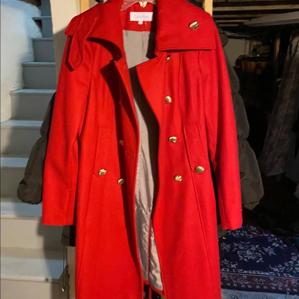 Red Calvin Klein Belted Peacoat